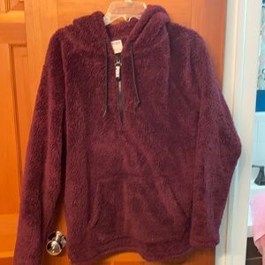 Fuzzy Burgundy jacket with hood and front pocket